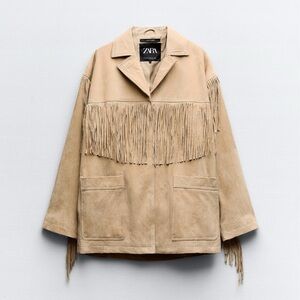 ZARA 2024 SAND FRINGED SUEDE LEATHER JACKET SIZE M/L 4341/888 RARE LIKE NEW
